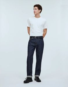 Vintage Relaxed Straight Jeans in Raw Selvedge Uniqlo Selvedge Jeans Outfit, Selvedge Jeans Men Outfit, Classic Selvedge Bottoms In Recycled Denim, Selvedge Recycled Denim Tapered Leg Jeans, High Rise Selvedge Jeans With Relaxed Fit, Classic Rigid Denim Pants With Belt Loops, Everyday Selvedge Tapered Leg Jeans, Selvedge Relaxed Fit Tapered Leg Jeans, Selvedge Recycled Denim Straight Hem Bottoms