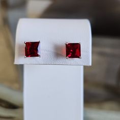 2.00 Cctw Ruby Princess Cut Sterling Silver Studs. With July Birthstones. Classic Red Jewelry With Matching Earrings, Red Classic Jewelry With Matching Earrings, Red Prong Set Earrings For Valentine's Day, Red Prong-set Earrings For Valentine's Day, Valentine's Day Red Earrings With Prong Setting, Formal Red Hypoallergenic Jewelry, Red Hypoallergenic Jewelry For Formal Occasions, Hypoallergenic Red Jewelry For Formal Occasions, Classic Red Jewelry With Lab-created Ruby