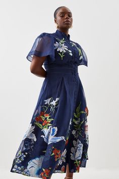 Romantic Modernity Defines This Midi Dress, Embroidered With Intricate Botanical Motifs That Call For Matching Colour-Pop Stilettos And Red Lips For A Refined Take On After-Dark Dress Codes. This Style Has A Silhouette-Enhancing Fitted High Neck Bodice And An A-Line Skirt.High Neckbuttoned Bodicefitted Waista-Line Skirtexpertly Designed For Those Size 18 And Above, Our Plus Size Clothing Collection Is Perfectly Proportioned To Ensure You Look Stylish At Every Shape. Plus Size A Line Dress, Botanical Motifs, Botanical Embroidery, Dark Dress, Colour Pop, Navy Midi Dress, Wedding Outfits, Karen Millen, Bra Styles