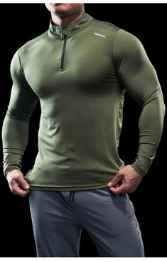 Stand Collar Zipper Long Sleeve Men’s Fitness T Shirt Sporty Green Tops For Outdoor Activities, Green Sporty Tops For Outdoor, Fitted Green Outdoor Tops, Breathable High Stretch Outdoor Tops, Sporty Tops For Outdoor Activities, Sporty Tops For Outdoor Sports Season, Fitted Green Tops For Outdoor, Green Stretch Tops For Outdoor Activities, Green Athleisure Top For Outdoor