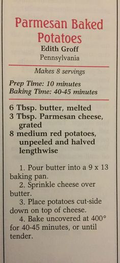 the instructions for how to bake baked potatoes are shown in this recipe book,