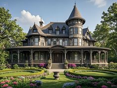 A stunning Victorian mansion with intricate details and a lush garden. Victorian Mansions Exterior, Victorian Mansion Exterior, Vintage Mansion, Victorian Gothic Style, Mansion Exterior