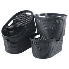 three black plastic baskets sitting next to each other