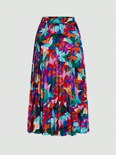 Multicolor Boho Collar  Fabric All Over Print Pleated Embellished Non-Stretch  Women Clothing Women Skirts, Pleated Midi Skirt, Floral Printed, All Over Print, Pleated Skirt, Women Clothing, Midi Skirt, Elastic Waist, Womens Skirt