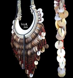 "Another wonderful Papua New Guinea, Sepik River, Ceremonial Necklace. Old Mother Of Pearl Shell crescent on two braided rope bands decorated with Nassa shells, Conus disks, and round wooden beads. Three graduated rows of large brown Cowries laden at the bottom and decorated with a fringe of small brown beads, red abrus seeds, and circular round shells. These ornaments were worn by both men and women, and were also utilized as currency in bride price exchanges. Wear consistent with age and use. Traditional Adjustable Shell Jewelry, Traditional Shell Jewelry For Festival, Traditional Handmade Mother Of Pearl Necklaces, Traditional Handmade Mother Of Pearl Necklace, Traditional Natural Jewelry For Rituals, Traditional Handmade Shell Jewelry, Traditional Beaded Shell Necklace For Festival, Adjustable Traditional Shell Necklace For Festivals, Bohemian Jewelry With Wooden Beads And Shell