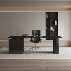 an office with a desk, chair and bookshelf in the middle of it