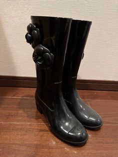 ad eBay - Chanel Rain Boots Size 35 Camellia Coco Mark Rubber Long Boots Black From Japan - Buy Now, click the link (eBay) Designer Black Boots For Spring, Chanel Rain Boots, Long Boots Black, Long Boots, Boots Black, Boot Shoes Women, Rain Boots, Black Boots, Women's Shoes