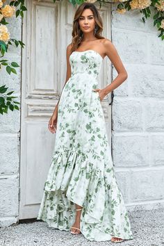 Green Asymmetrical Printed Long Bridesmaid Dress with Strapless Long Summer Wedding Guest Dress, White And Green Floral Dress, Floral Sage Dress, White Dress With Green Flowers, Floor Length Floral Dress, Garden Party Formal Dress, Sage Floral Dress, Sage Floral Bridesmaid Dresses, Floral Green Bridesmaid Dresses