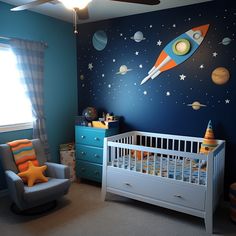 a baby's room with a rocket ship painted on the wall and space themed furniture