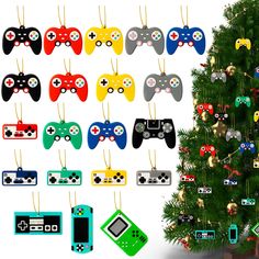 a christmas tree decorated with video game controllers