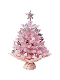 a pink christmas tree with silver ornaments on it and a star decoration above the top