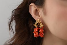 Handmade Vintage Coral earrigs  22K gold plated  Museum Quality handcrafted earrig. The needle part is made out of silver to avoid allergy. Pomegranate Earrings, Valentines Earrings, Coral Earrings, Coral Stone, Earrings Vintage, Leaf Earrings, 22k Gold, Unique Earrings, Earring Gifts