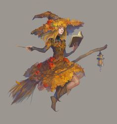 a woman dressed as a witch flying through the air with a book in her hand