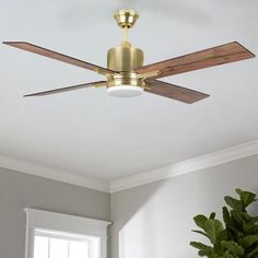 a ceiling fan with wooden blades and a light on it in a room next to a potted plant