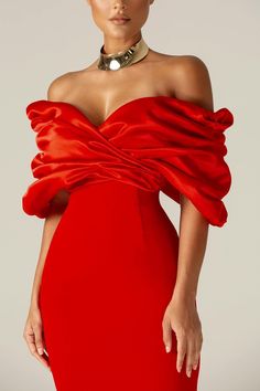 Maribel Crepe Ruffle Shoulder Dress (Red) - Alieva Dramatic Red Dress, Ruffle Shoulder Dress, Maxi Dress With Sleeves, Event Dresses, Dress Red, Classy Outfits, Elegant Dresses, Nasa, Fashion Inspiration