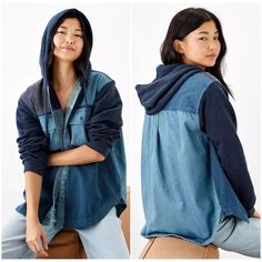 New Ae Oversized Patchwork Denim Hoodie Shirt Jacket Size L A Tonal, Patchwork Denim Shirt Jacket Meets Hoodie, A.K.A. The Best Of Both Worlds. Made From Cotton Mixed Tonal Denim Drawstring Hood Pockets Wot Button-Up Front Style: 0359-4020 | Color: 154 Materials & Care 100% Cotton Machine Wash Imported Fall Denim Hoodie Washed, Medium Wash Hoodie With Pockets For Fall, Denim Blue Cotton Hoodie For Fall, Casual Hooded Shacket For Fall, Casual Denim Blue Hoodie For Fall, Casual Denim Hoodie With Washed Detail, Denim Blue Hoodie With Pockets For Fall, Casual Hooded Denim Jacket With Relaxed Fit, Oversized Denim Hoodie For Fall