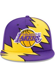 the los angeles lakers purple and yellow lightning snapback hat is shown in front of a white