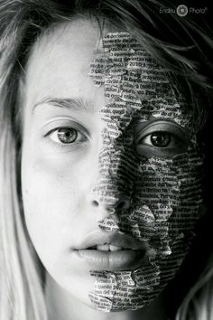 a woman's face is covered in words