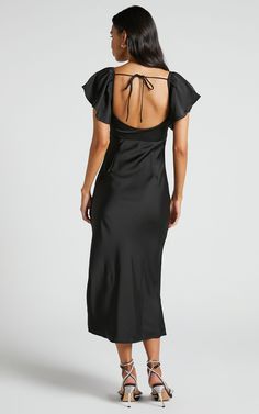 Emberlynn Midi Dress - Flutter Sleeve Cut Out Satin Dress in Black Tie-back Midi Dress For Night Out, Chic Ruched Satin Dress For Brunch, Satin Finish Midi Dress For Date Night, Sleek Evening Midi Dress With Tie Back, Satin Midi Dress With Ruched Back, Satin Midi Dress With Tie Back, Chic Flutter Sleeve Dress For Night Out, Sleek Midi Dress For Brunch, Sleek Midi Length Dress For Brunch