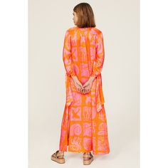 Orange printed silk (100% Silk). Caftan. 3/4 sleeves. Crew neck. Back button closure. 53.5" from shoulder to hemline. Imported. Flowy Silk Long Sleeve Kimono, Spring Dresses With Abstract Print And Kimono Sleeves, Printed Rayon Maxi Dress With Long Sleeves, Printed Long Sleeve Rayon Maxi Dress, Silk Long Sleeve Printed Midi Dress, Silk Summer Dress With 3/4 Sleeves, Summer Silk Dress With 3/4 Sleeves, Patterned Silk Kaftan For Spring, Silk Patterned Kaftan For Spring