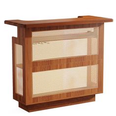 a wooden cabinet with woven panels on the front