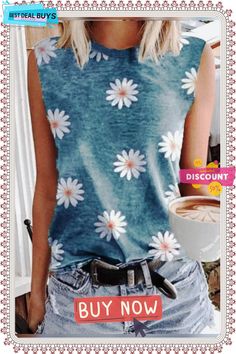 Sleeveless T-shirt with Daisy Print Round Neck Casual Sleeveless T-shirt With Graphic Print, Casual Sleeveless Graphic Print T-shirt, Casual Sleeveless Summer T-shirt, Trendy Summer Tank T-shirt, Casual Sleeveless Muscle Tee For Summer, Printed Sleeveless Casual Tank Top, Casual Printed Sleeveless Tank Top, Summer Graphic Print Crew Neck Tank Top, Graphic Print Crew Neck Tank Top For Summer