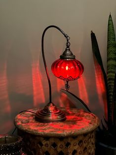 a red lamp sitting on top of a table next to a potted plant