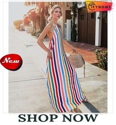 Women Sling Backless Beach Stripe Evening Party Long Maxi Sundress Chic Backless Sleeveless Dress For Summer, Chic Sleeveless Backless Dress For Summer, Spring Beachwear Sleeveless Spaghetti Strap Dress, Spring Beachwear Sleeveless Dress With Spaghetti Straps, Chic Backless Maxi Dress For Summer, Trendy Backless Summer Sundress, Beach Sleeveless Backless Sundress, Sling Dresses For Beach Season, Backless Sleeveless Sundress For Beach