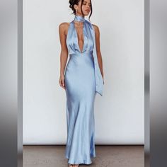 Floor Length Satin Blue Dress! Perfect For Summer Or Wedding. Picked A Different Dress For A Wedding! Open To Offers Light Blue Silk Dress, Satin Blue Dress, Dress For A Wedding, Selfie Leslie, Blue Silk Dress, Prom Ideas, Pretty Prom Dresses, Different Dresses, Dresses Backless