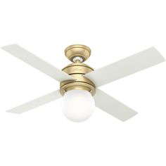 a ceiling fan with a light on top of it and two white blades in the middle