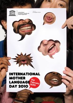 two people holding up a poster with different facial expressions on it's face and mouth