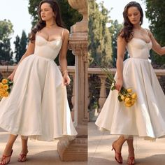 two pictures of a woman in a white dress and yellow flowers on her bouquet, standing next to a fountain