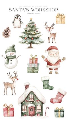 watercolor christmas clipart set with santa's workshop and other holiday items on it