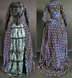 A superb Victorian antique bustle dress dating to the 1880s, in museum quality condition. An opulent two piece, for dinner or evening wear, in glossy navy silk velvet, woven with repeating small floral sprays in gold, reds and blues, together with black Chantilly lace and pale blue silk. The bodice is fitted in boned, the centre front panels in blue silk, with hook fastenings, the hem forming points at front and back. The front silk piece is overlayed with black Chantilly lace, vertically gather Blue Victorian Dress With Historical Design, Vintage Brocade Victorian Dress For Costume, Victorian Blue Dresses With Historical Design, Victorian Ball Gown With Historical Design, Fitted Victorian Dress For Fancy Dress, 18th Century Style, Blue Vintage Victorian Dress With Baroque Style, Fitted 18th Century Victorian Dress For Costume Party, Blue Vintage Victorian Dress In Baroque Style, Historical Victorian Dress With Cancan For Costume