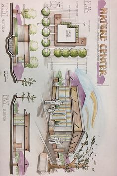 an architectural drawing of a park with benches and trees