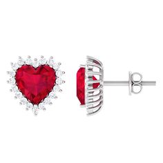 Heart Shape Created Ruby Stud Earrings with Diamond Halo Lab Created Ruby - ( AAAA ) - Quality - Rosec Jewels Ruby Stud Earrings, Ruby Earrings Studs, Heart Stud Earrings, Ruby Earrings, Ruby Gemstone, Heart Studs, Heart Earrings Studs, Fine Earrings, Diamond Halo