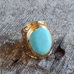 18k over brass, size 7, Authentic Turquoise Adjustable Gold Oval Turquoise Ring, Adjustable Gold Turquoise Ring With Oval Shape, Gold Bohemian Turquoise Open Ring, Bohemian Gold Turquoise Open Ring, Gold Turquoise Ring With Large Stone As Gift, Bohemian Gold Rings With Large Stone, Durham, Turquoise Ring, Statement Rings