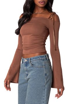 This close-fitting top is designed in a cropped, shoulder-baring silhouette with velvety tie straps. Off-the-shoulder neck Cold-shoulder long sleeves 45% polyester, 45% rayon, 10% spandex Machine wash, dry flat Imported Fitted Long Sleeve Off-shoulder Top For Fall, Fall Long Sleeve Fitted Off-shoulder Top, Fitted Cold Shoulder Off-shoulder Top For Fall, Fitted Cold Shoulder Top For Fall, Fitted Off-shoulder Top For Fall, Stretch Cropped Off-shoulder Top For Fall, Cropped Stretch Off-shoulder Top For Fall, Brown Off The Shoulder Top Outfit, Cropped Off-shoulder Top For Fall