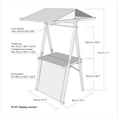 an outdoor table with measurements for the top and bottom section, including two shelves on each side