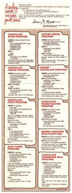 an old menu with several different types of food items on the front and back pages