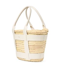 DeMellier is renowned for its impeccable craftsmanship and modern aesthetic, as demonstrated by this handwoven Santorini tote. This top-handled bag is crafted from natural raffia straw and smooth, classic white leather for a polished finish. Pair it with daytime dresses for a fun and festive look. Designer Natural Straw Bag With Handles, Designer Natural Straw Bag, Rectangular Cream Straw Bag With Woven Leather, Luxury Beige Bucket Bag With Intrecciato Weave, Elegant Beige Bucket Bag With Intrecciato Weave, Cream Rectangular Woven Leather Straw Bag, Designer Straw Top Handle Bag, Chic White Woven Straw Bag, Chic White Straw Bag With Braided Handles