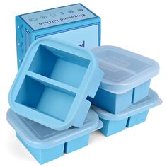 three blue plastic containers with dividers and lids