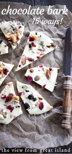 there are many pieces of chocolate bark on the table