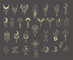 an assortment of tattoos on a dark background with the moon and crescents above them