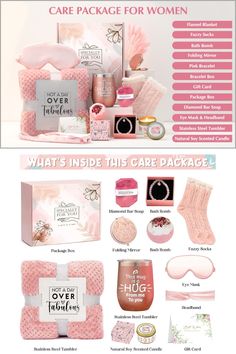 an advertisement for a women's care package in pink and white with the words what's inside this care package?