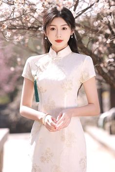 Exude elegance and grace in this feminine white cheongsam dress. Thanks to its versatile style, you can easily wear this cheongsam from day to night. This long cheongsam dress is designed in a timeless white color. This bright shade charmingly enhances the appearance of the Chinese dress. Elegant White Cheongsam For Spring, Elegant Long Cheongsam For Summer, White Summer Cheongsam With Stand Collar, White Fitted Cheongsam With Stand Collar, Summer White Cheongsam With Stand Collar, Elegant Long Summer Cheongsam, White Cheongsam With Short Sleeves, Spring Elegant Cheongsam With Stand Collar, Elegant Spring Cheongsam With Stand Collar