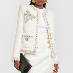 Cora White Rhinestone Bowtie Tweed Jacket - ALLARA Tweed Jacket And Skirt, White Tweed Jacket, Formal Jacket, Tweed Pattern, White Tweed, Tweed Fabric, White Rhinestone, Tweed Blazer, Winter Coats Women