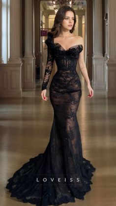 Elevate your formal look with our One Shoulder Long Sleeves Lace Appliques Sheer Mermaid Dress. The intricate lace appliques and sleek design exude elegance and grace, while the one shoulder and sheer sleeves add a touch of sexiness. Perfect for any formal event, this dress will make you feel confident and sophisticated. Mermaid Prom Dresses With Sleeves, Beaded Formal Dress, Prom Inspo, Lace Party Dresses, Long Sleeve Dress Formal, Lace Prom Dress, Timeless Dress, Cutout Design, Mermaid Silhouette