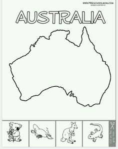 the australia map with pictures of animals and their names in black ink on white paper