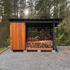 a large pile of firewood sitting inside of a wooden shed next to some trees